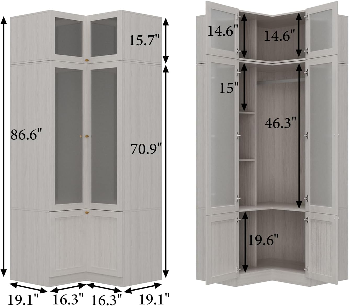 MOUMON Tall Corner Wardrobe, L-Shaped Modern Bedroom Armoires with Frosted Glass Doors and Hanging Rod, Corner Armoire Closet for Clothes Storage, Wood Grain 35.4" W x 35.4" D x 86.6" H