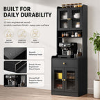 71" Kitchen Pantry Hutch Storage Cabinet with Microwave Stand, Farmhouse Freestanding Buffet Sideboard with Coffee Bar, Tall Wood Cupboard for Kitchen Dining Room (Black)