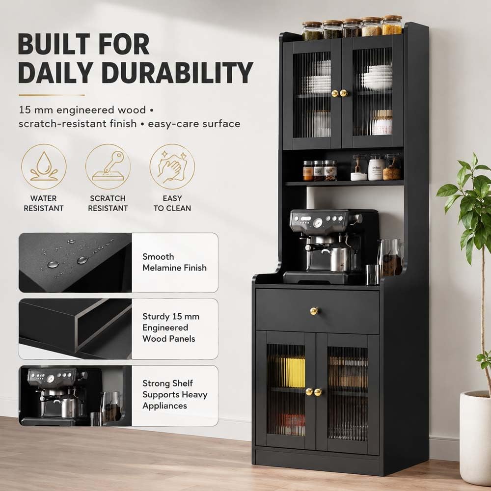 71" Kitchen Pantry Hutch Storage Cabinet with Microwave Stand, Farmhouse Freestanding Buffet Sideboard with Coffee Bar, Tall Wood Cupboard for Kitchen Dining Room (Black)
