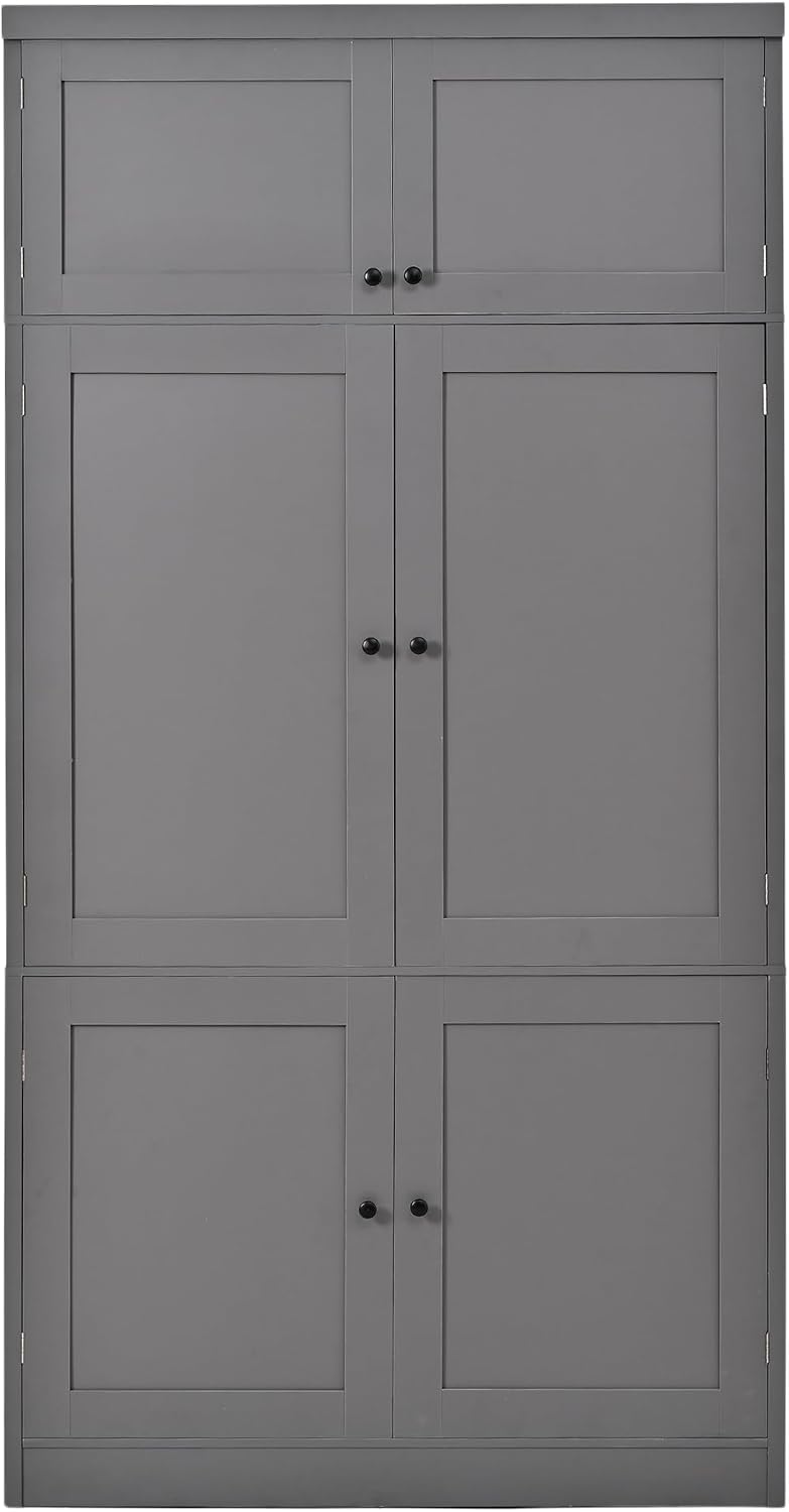 Kitchen Pantry Cabinet, Freestanding Tall Cupboard Storage Cabinet with Power Outlets, Adjustable Shelves and Door Shelves for Living Room, Kitchen (Grey)