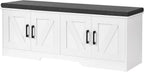 HOMSHO Farmhouse Shoe Storage Bench with 4 Barn Doors & Padded Seat Cushion | 47.2" Wide Entryway Bench with Adjustable Shelves & Hidden Storage, White
