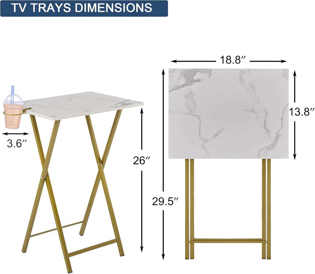 VECELO Folding TV Tray for Eating Set of 2, Portable Dinner/Snack Table with Cup Holder for Couch, Living Room and Small Space, Gold