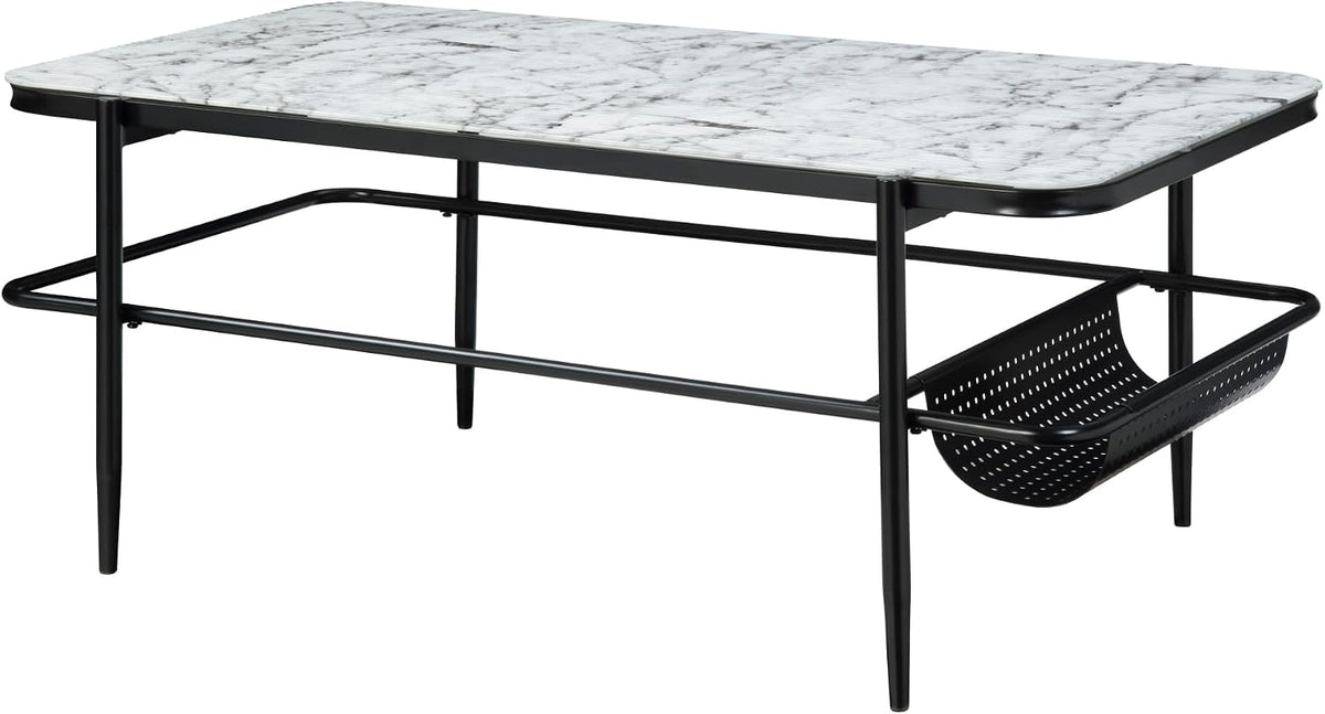 3pc Occasional Table Set with Tempered Glass and Metal Base | Includes 1 coffee table and 2 end tables with white marble print tempered glass tops