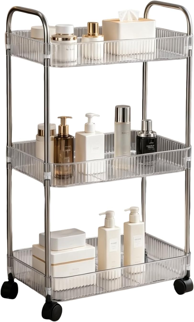 Sooyee Clear 3-Tier Plastic Rolling Utility Cart with Wheels, Multi-Functional Storage Trolley for Office, Living Room, Kitchen, Movable Storage Organizer with Wheels
