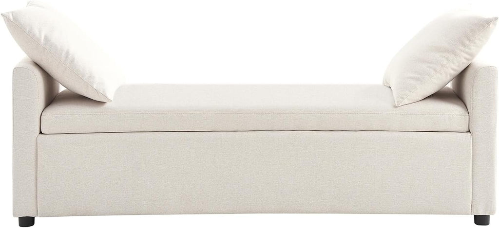 HULALA HOME 59" Storage Bench with 2 Throw Pillows, Modern Long Bedroom Bench for End of Bed, Comfy Upholstered Footstool for Entryway Living Room, Linen
