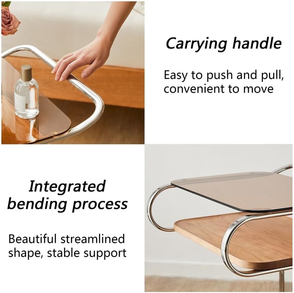 3 Tier Side Table with Glass Desktop TV Tray End Table with Storage Shelf and Wheels Storage Cart for Living Room Space Saver