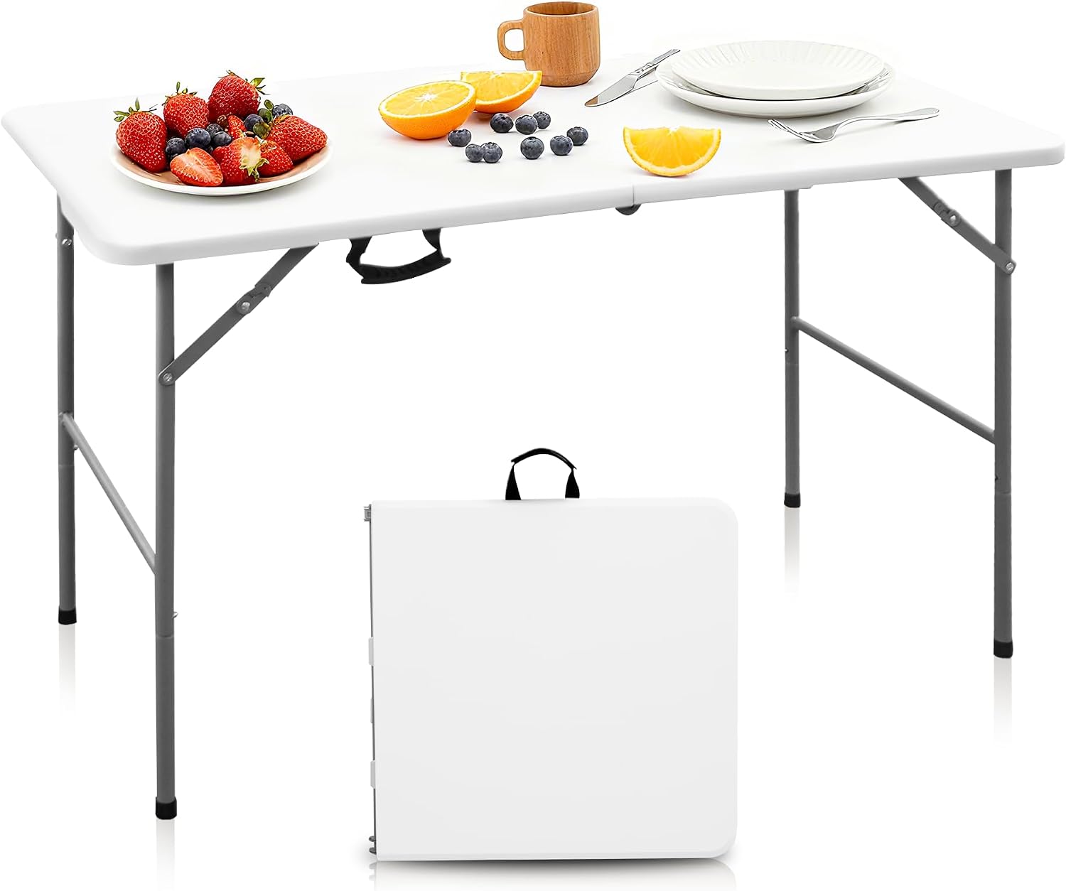 4ft Portable Folding Table, Indoor Outdoor Plastic Dining Table w/Handle, Fold-in-Half Utility Foldable Table for Camping, Picnic and Party, White