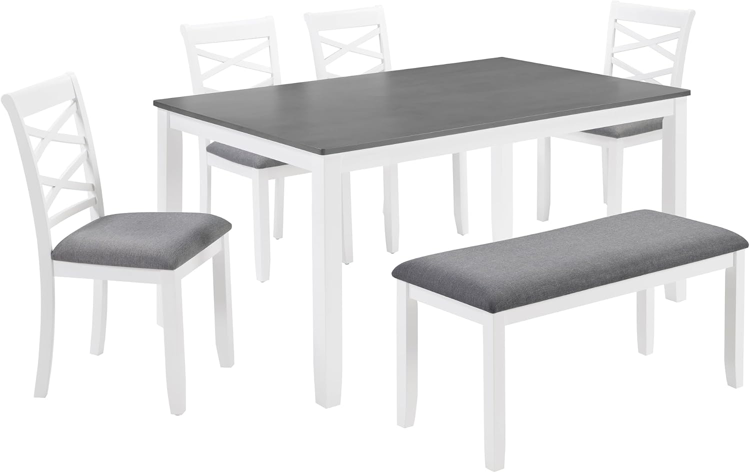 Merax 6-Piece Modern Dining Table Set with Chairs and Bench, Wood Kitchen Table Set for 4-6, Rectangular Kitchen Dining Table for Dining Room, Kitchen, Small Apartment, White+Gray