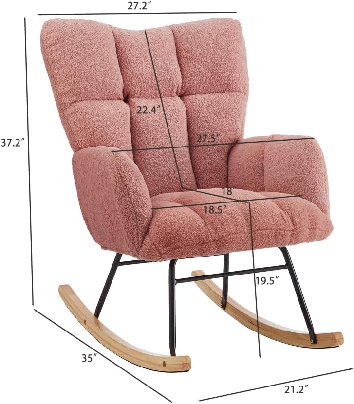 Tufted Upholstered Teddy Fabric Glider Rocking Chair with Metal Frame, Ergonomic Accent Chair for Living Room, Bedroom, and Leisure Spaces (Pink + Teddy)