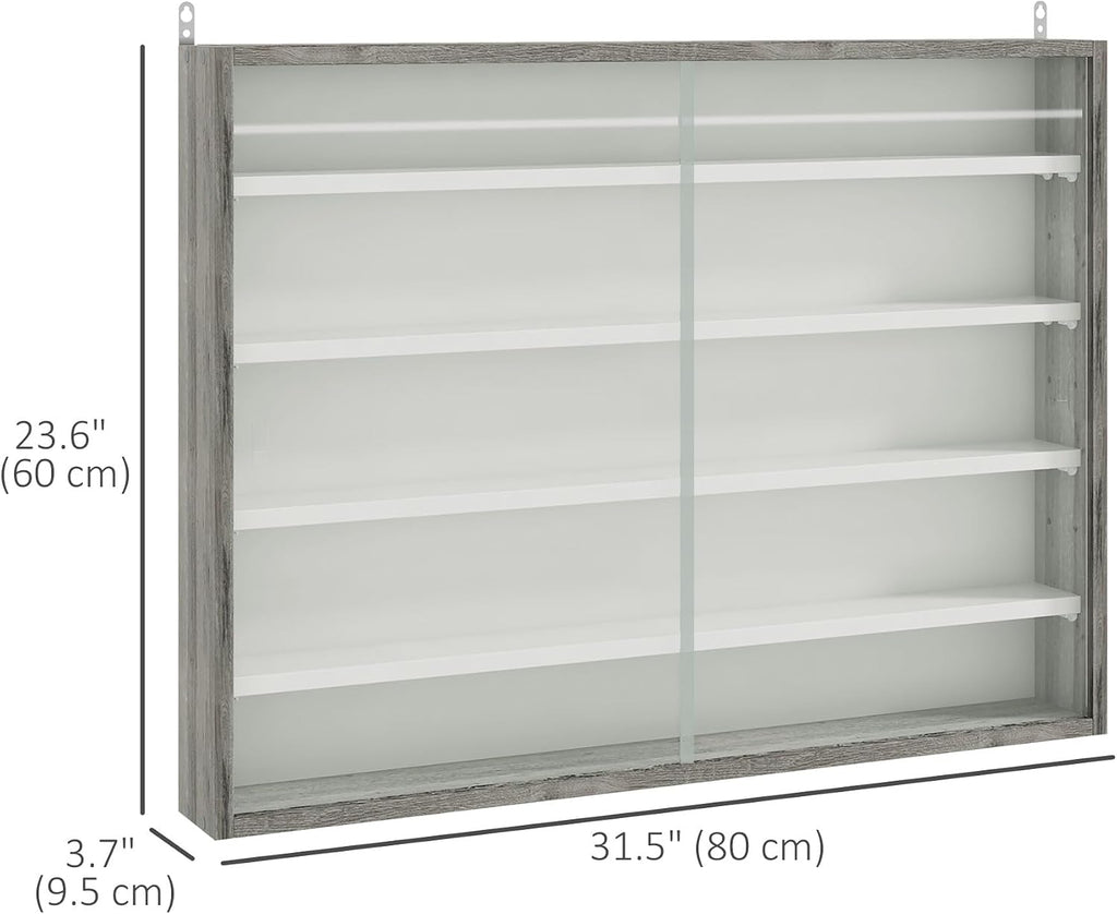 HOMCOM 5-Storey Wall Shelf Display Cabinet, Shot Glass Display Case, Glass Curio Cabinet with 2 Glass Doors and 4 Adjustable Shelves, Grey and White