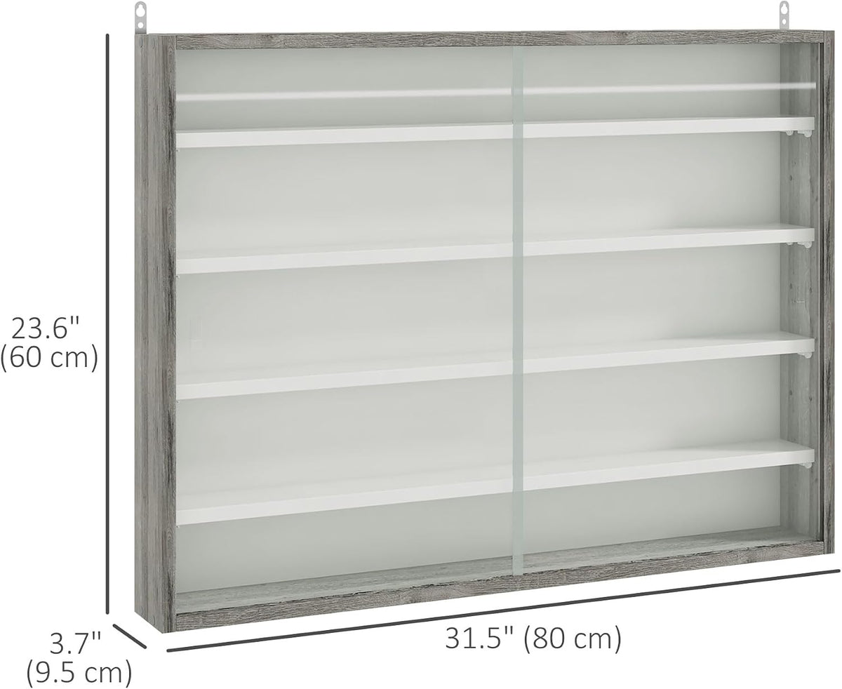 HOMCOM 5-Storey Wall Shelf Display Cabinet, Shot Glass Display Case, Glass Curio Cabinet with 2 Glass Doors and 4 Adjustable Shelves, Grey and White