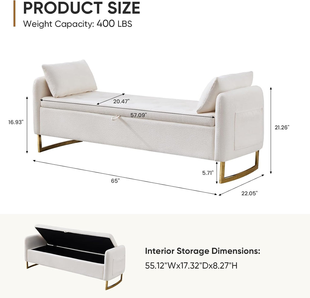 Storage Bench for Bedroom, 65 Inch End of Bed Storage Bench Cream | Chenille End of Bed Bench King Size Tufted Upholstered and Gold Legs, Bedroom Bench with Storage, Arms, 2 Pillows, for Window