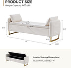 Storage Bench for Bedroom, 65 Inch End of Bed Storage Bench Cream | Chenille End of Bed Bench King Size Tufted Upholstered and Gold Legs, Bedroom Bench with Storage, Arms, 2 Pillows, for Window