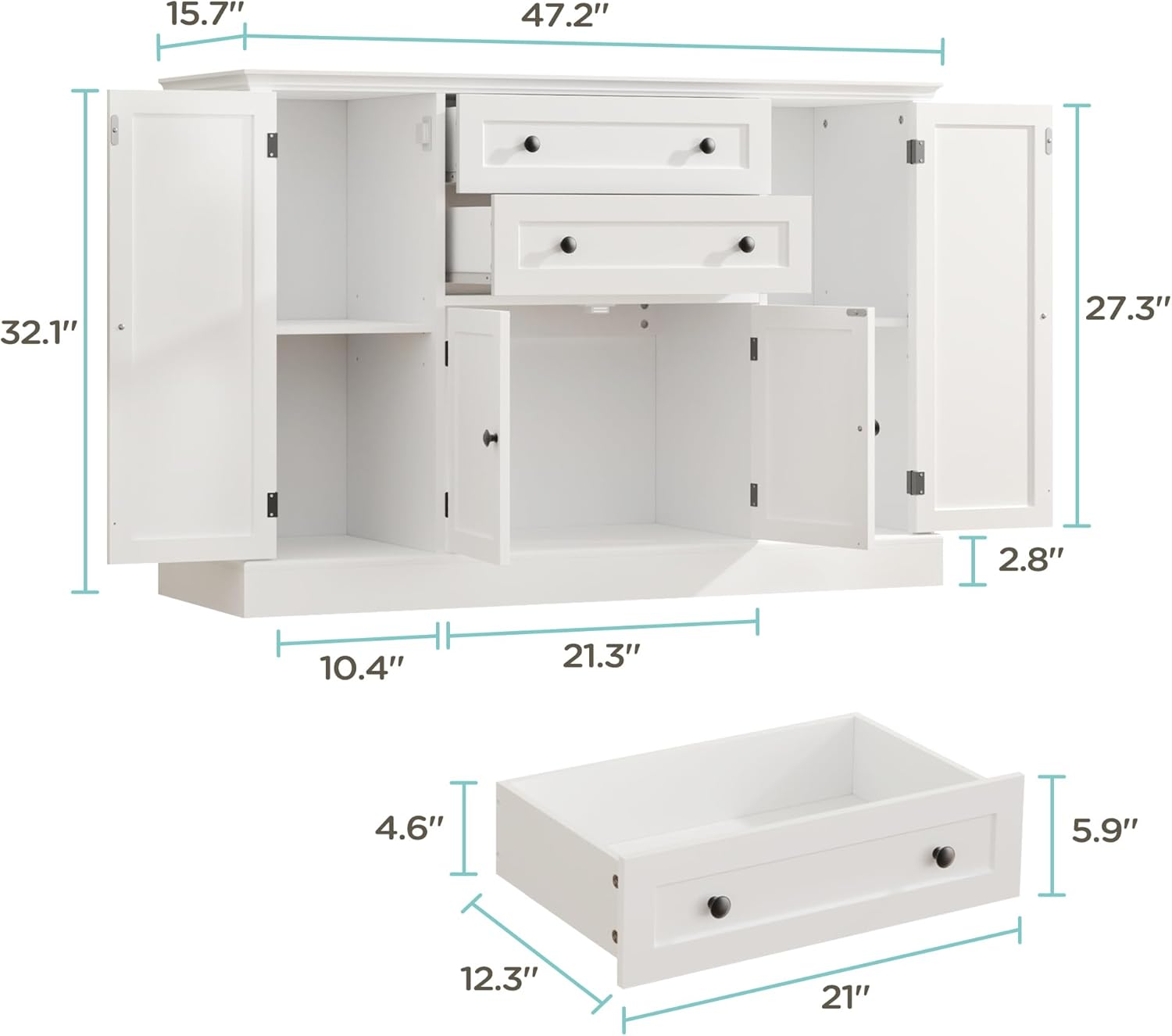 Farmhouse 47" Buffet Cabinet with Storage,Large Sideboard Buffet with Drawers and Adjustable Shelves, Rustic Coffee Bar Cabinet for Kitchen, White