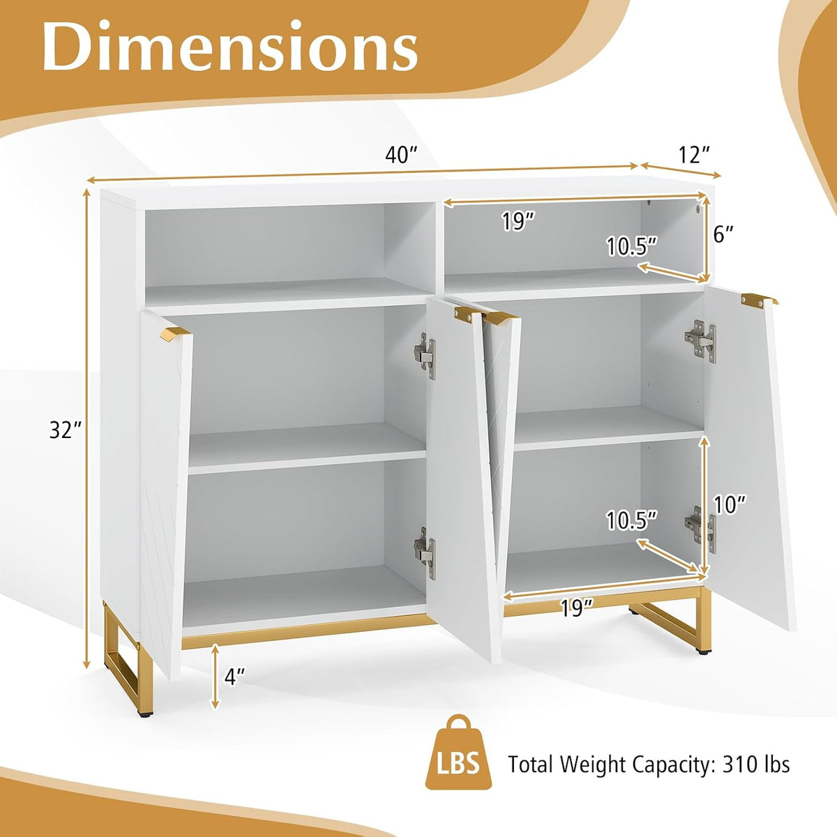 Giantex Buffet Cabinet with Storage, 40" Large Kitchen Sideboard with 4 Doors, 2 Compartments, Adjustable Shelves, Modern Accent Furniture for Living Room Entryway (White)