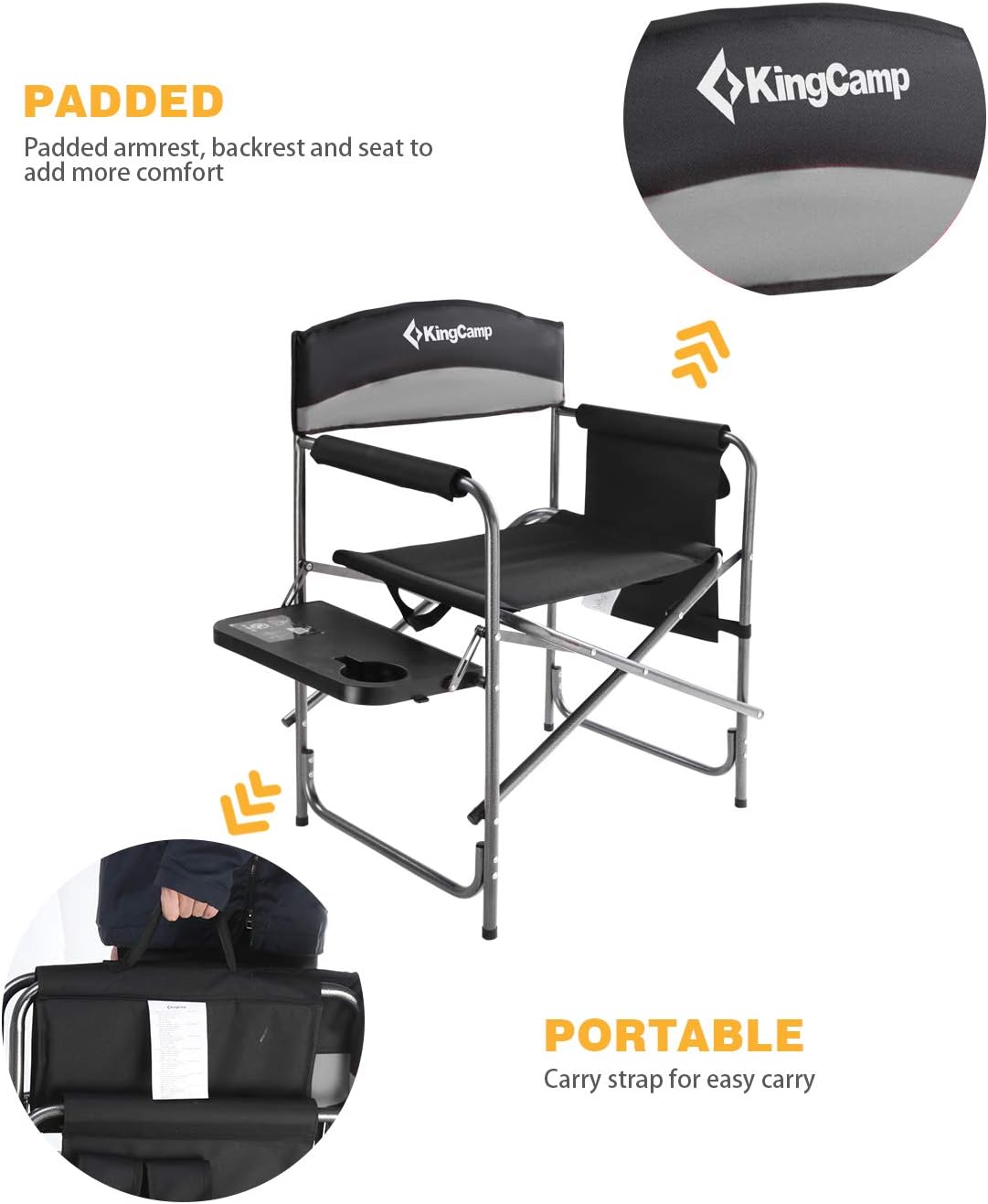 KingCamp Folding Camping Chair, Heavy Duty Portable Directors Style with Side Table Carry Handle Storage Pockets for Outdoor Tailgating Sports Backpacking Fishing, Black
