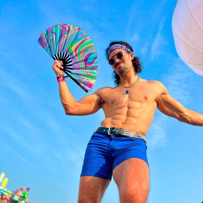 Kandies World UV Reactive Custom Festival Folding Hand Fan - Unique Designs, Made of Bamboo, Clacking Sound, Lightweight - Perfect Rave and Festival Accessory!