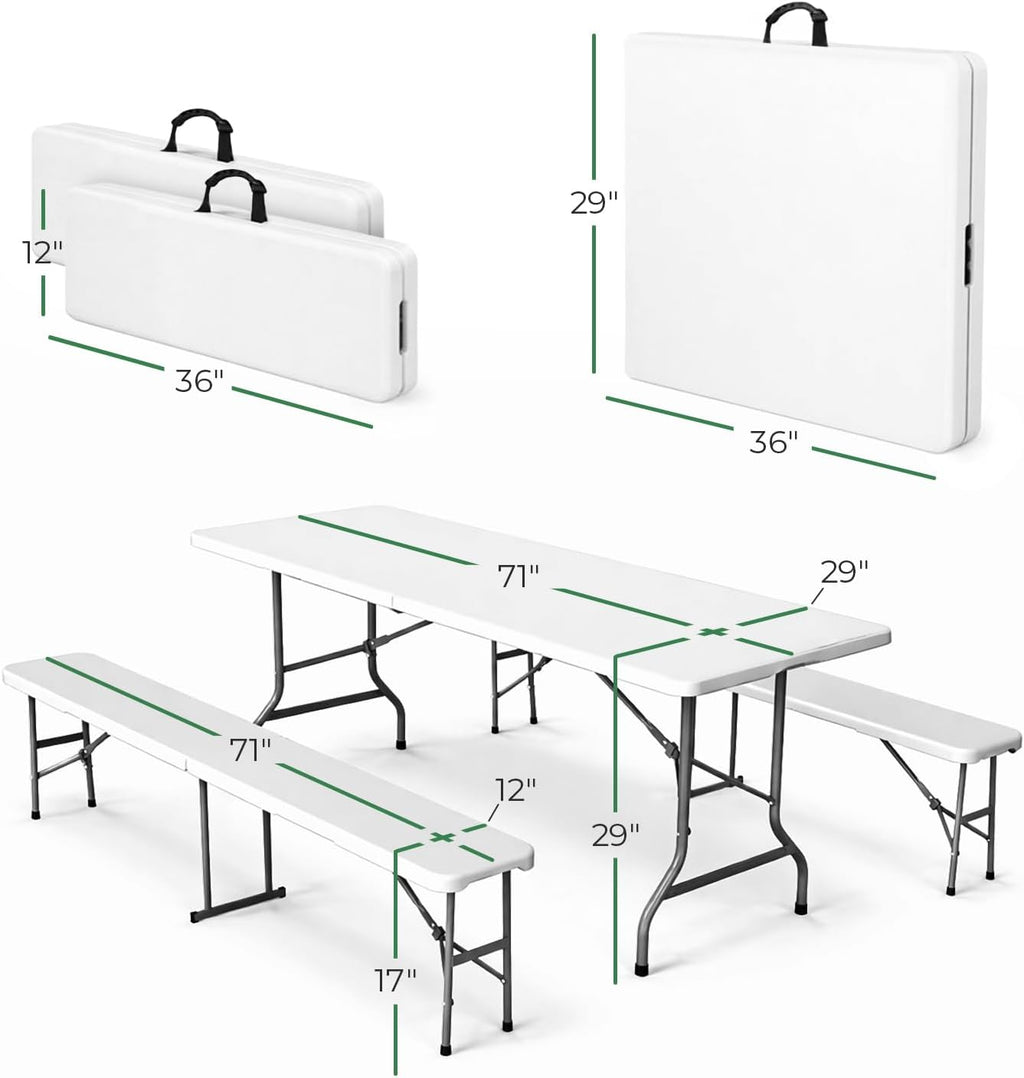 EconoHome 6 Ft White Plastic Folding Table Set with 2 Benches – Heavy-Duty Picnic Table & Bench Set, Space-Saving, Indoor/Outdoor, Seats 6-8, Easy Storage & Transport