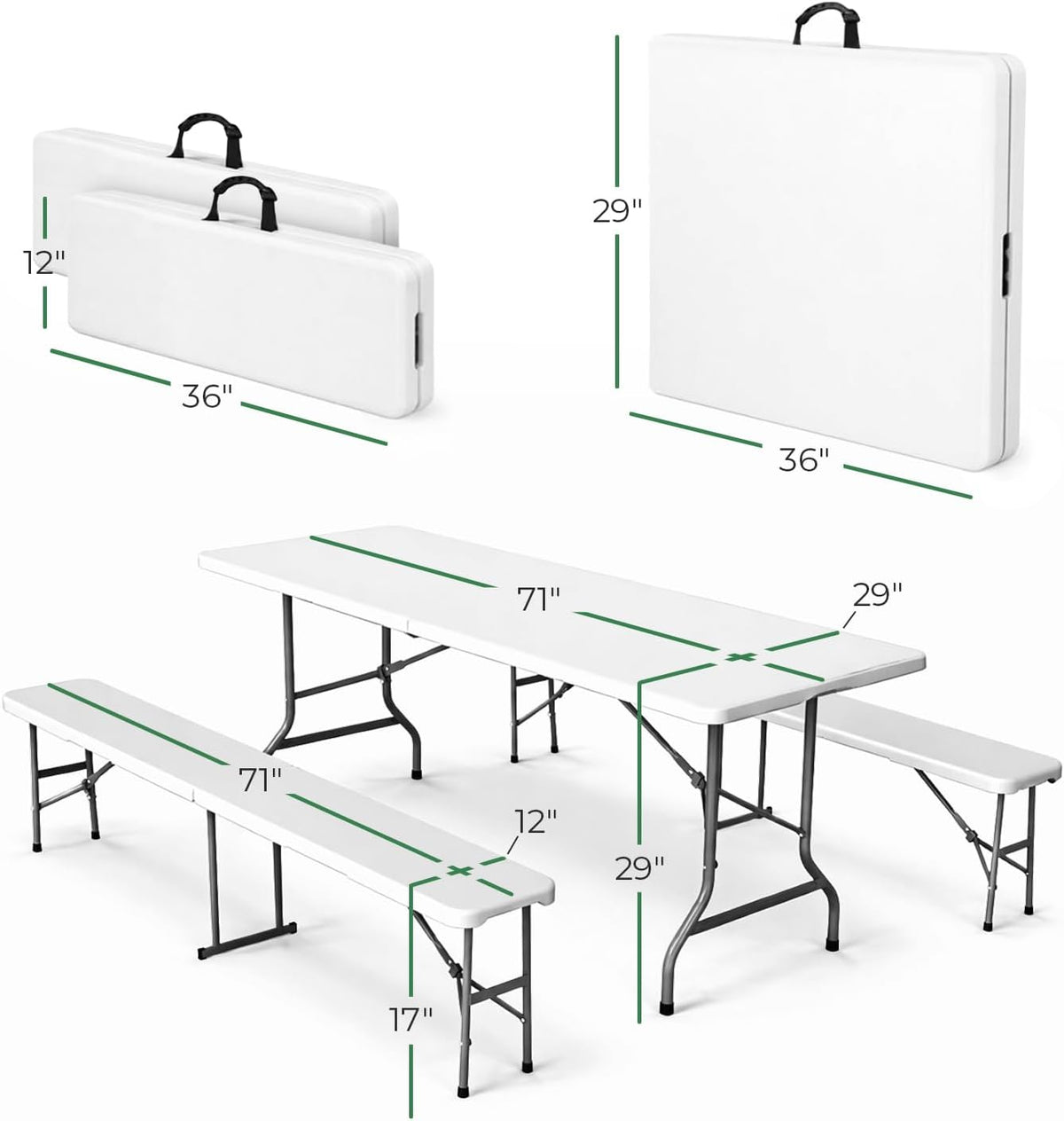EconoHome 6 Ft White Plastic Folding Table Set with 2 Benches – Heavy-Duty Picnic Table & Bench Set, Space-Saving, Indoor/Outdoor, Seats 6-8, Easy Storage & Transport