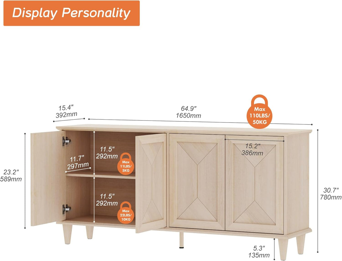 WAMPAT 65-inch Handcrafted Patchwork Decorative Buffet Cabinet with Pop-Up Design Doors,Full Unit Modern Farmhouse Accent Credenza for Coffee Bar, Kitchen, and Living Room,Beige Light Oak