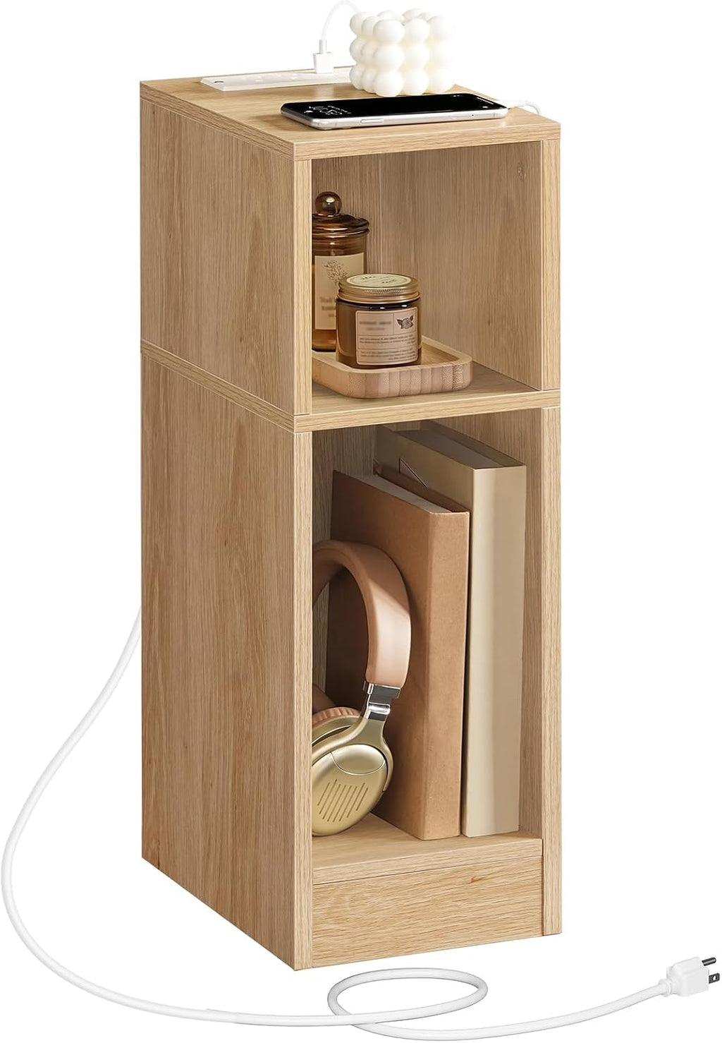MAHANCRIS Narrow Nightstand, Narrow End Table with Charging Station, Skinny Bedside Table for Small Spaces, Mid Century Modern Night Stand for Bedroom, Living Room, Natural ETNA30E01