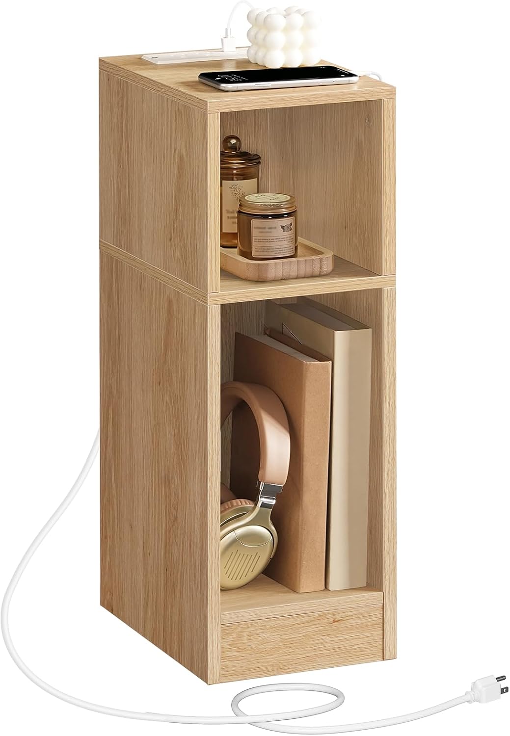 MAHANCRIS Narrow Nightstand, Narrow End Table with Charging Station, Skinny Bedside Table for Small Spaces, Mid Century Modern Night Stand for Bedroom, Living Room, Natural ETNA30E01