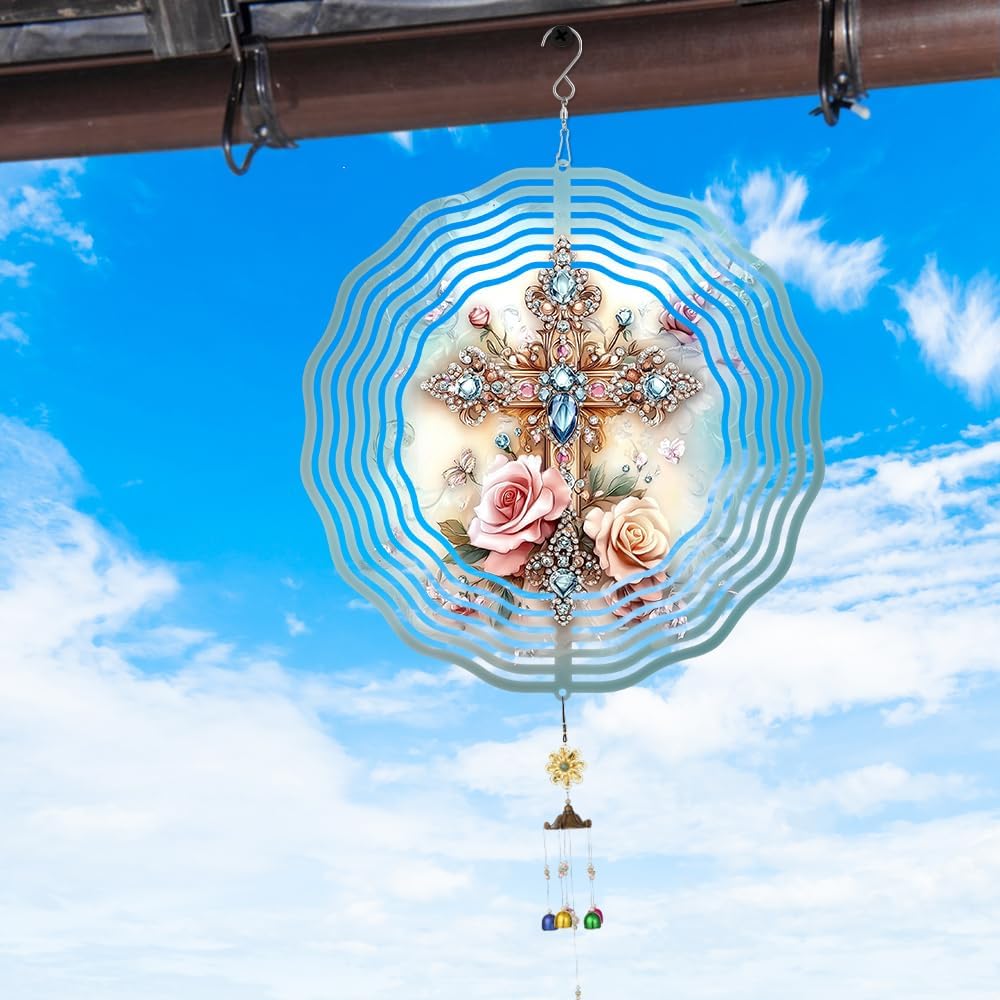 Cross Flower Wind Spinner, Metal Wind Spinners Outdoor/Indoor, God Cross Hanging Garden Decor for Outside, Stainless Wind Spinners for Yard and Garden 10 inch 3D (25.76X25 CM)