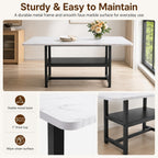 Dining Table for 6, 71" Rectangle Kitchen Table with Storage Shelf, Dinner Table Full White Faux Marble Top & Black Metal Frame for Dining Room Home Office – White