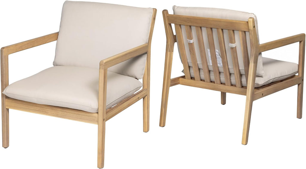 Elountik Acacia Wood Patio Club Chair Set of 2 with Cushions, Outdoor Armchairs for Patio Seating, Light Teak