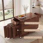Folding Drop Leaf Dining Table and Hidden Chairs for Small Spaces Kitchen | Fully Assembled, Space Saving, Storage Table & 4 Lockable Wheels, Solid Wood & Wood Grain Finish, Walnut