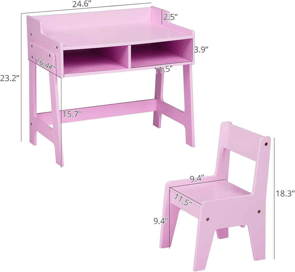 Desk and Chair Set with Storage Bins, Wooden Study Table, Writing Desk for Bedroom & Study Room (Pink)