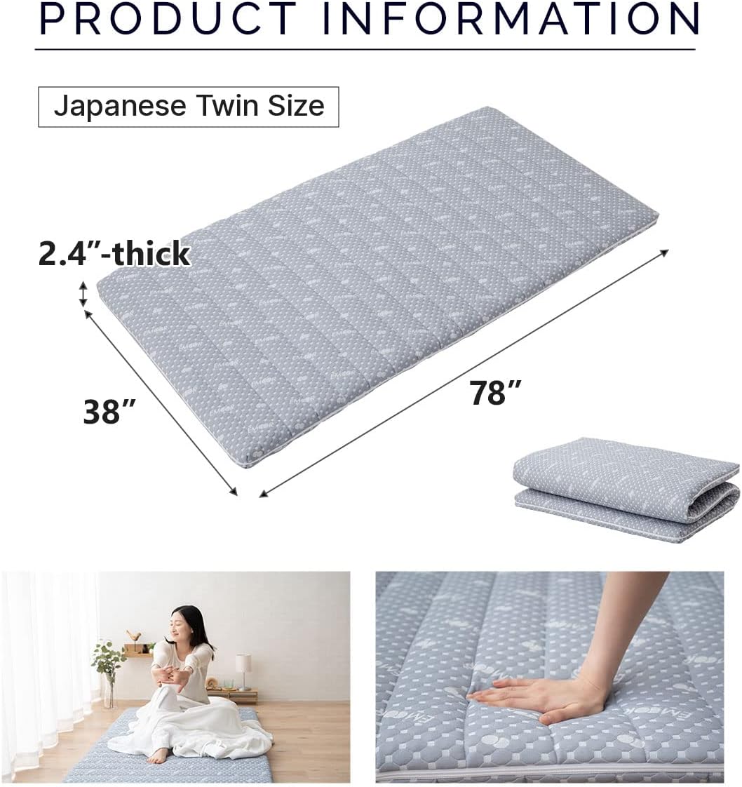 EMOOR Foldable Hybrid Futon Mattress, High-Resilience Urethane Foam 150N with Washable Padded Cover, Twin, Tatami Floor Sleeping Mat Pad Topper, Gray