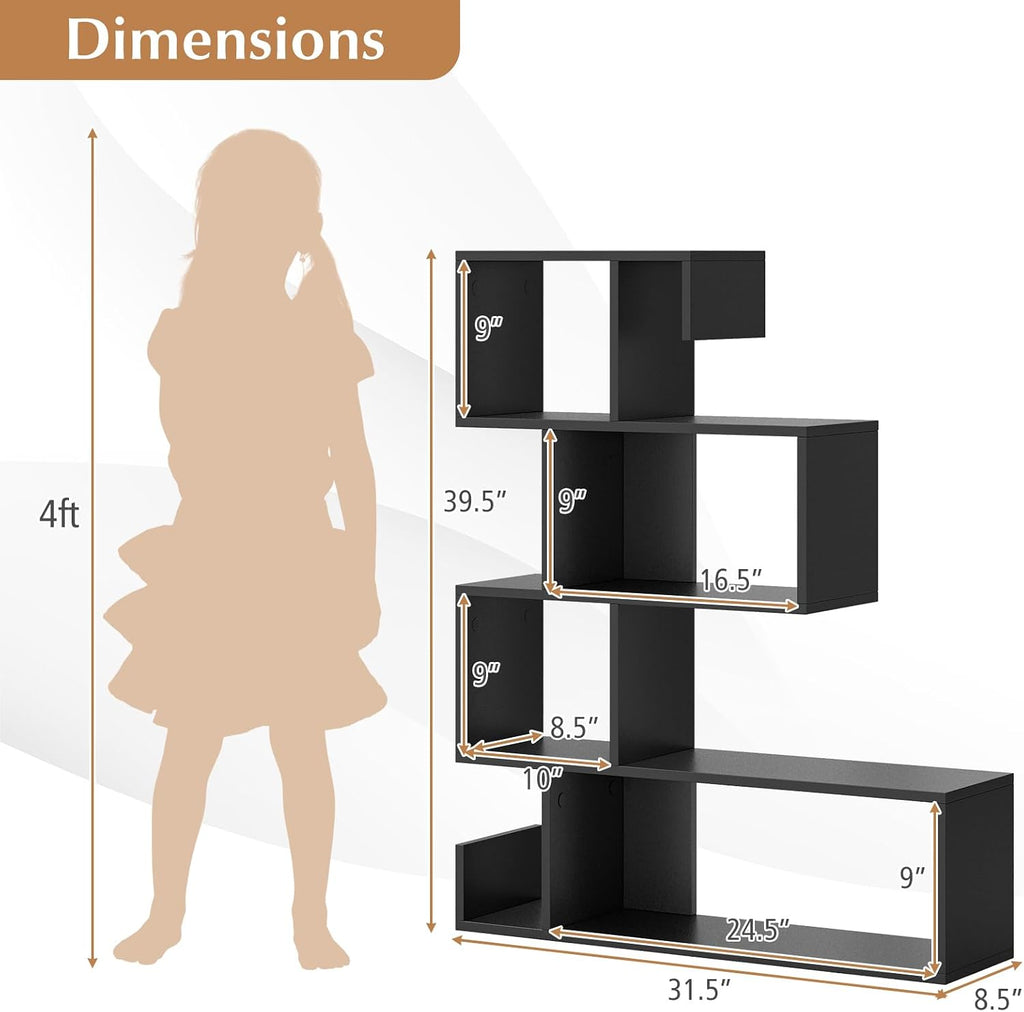 Tangkula S-Shaped Bookshelf, 5-Tier Modern Geometric Stepped Bookcase with Anti-Tipping Kits, Freestanding Corner Ladder Display Rack for Living Room Home Office (1, Black)