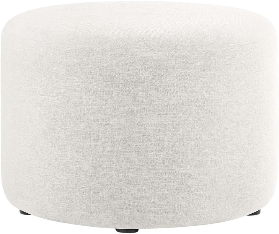 White Woven Heathered Fabric Ottoman, 23-Inch Round, Comfortable Outdoor Lounge Seat, Stylish, Durable for Patio and Garden