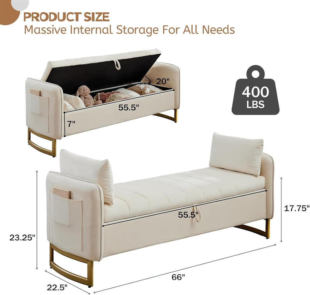 66" End of Bed Storage Bench King Size, Velvet Storage Benches for Bedroom Foot of Bed, Upholstered Storage Ottoman Bench with Golden Legs and Pillow for Living Room Window Entryway, Cream