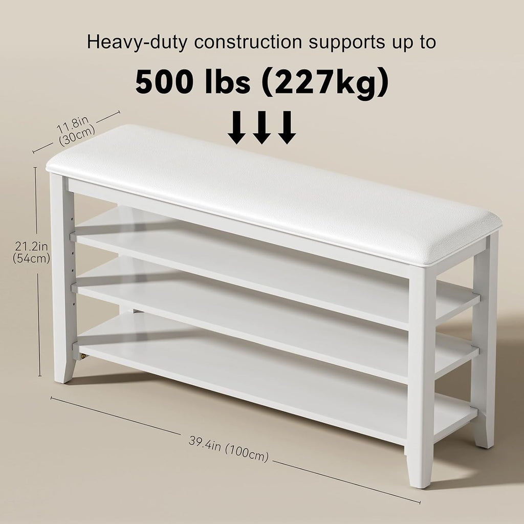 Shoe Rack Bench Entryway Storage with Leather Cushion, Shoe Organizer Bench for Entryway, Ideal for Front Doors Entrances Hallway Mudroom Featuring Rubberwood And 3 Height-Adjustable Removable Shelve