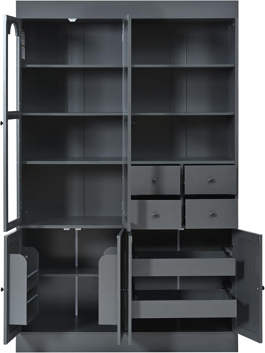 Merax Wood Kitchen Pantry with 4 Drawers, 3 Cabinets and Hutch, Tall Cupboard Dining Storage Cabinet with Door Shelves and Pull-Out Trays for Living Room, Kitchen, Dining Room Gray
