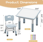 Takywep Kids Table & 2 Chairs Set, 23.6" Adjustable Desk, Anti-Slip, Grey | Rounded Edges, Multi Height Adjustment, Composite Wood Top, Anti-Slip Leg Pads