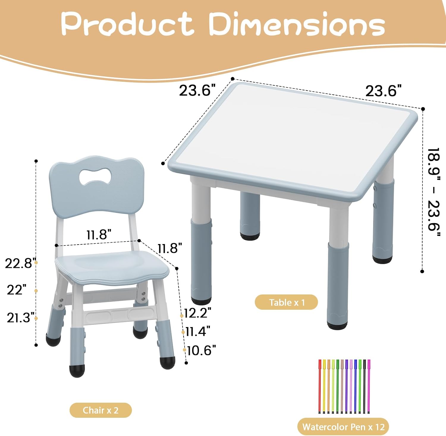 Takywep Kids Table & 2 Chairs Set, 23.6" Adjustable Desk, Anti-Slip, Grey | Rounded Edges, Multi Height Adjustment, Composite Wood Top, Anti-Slip Leg Pads