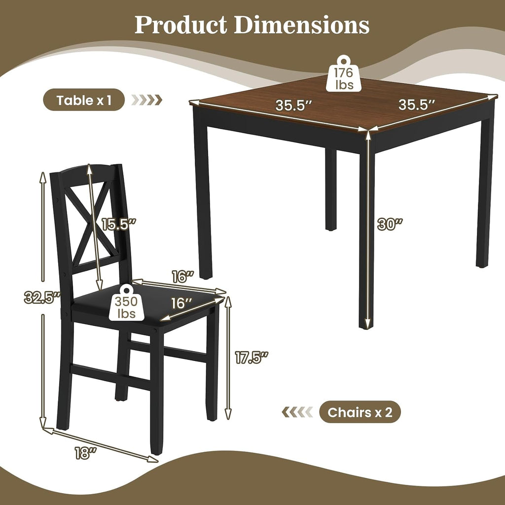 GIANTEX 3-Piece Dining Table Set for 2 - Small Wooden Kitchen Table with Upholstered PVC Leather Chairs, Rubber Wood Legs, Modern Compact Dining Set for Dinner, Kitchen, Restaurant, Dinette (Brown)