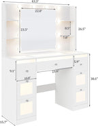 Makeup Vanity with 3-Color Lighted Mirror, Glass Top Makeup Desk with 7 Drawers, 4 Shelves, Built-in Power Outlet, Small Vanity Table for Women & Girls, White