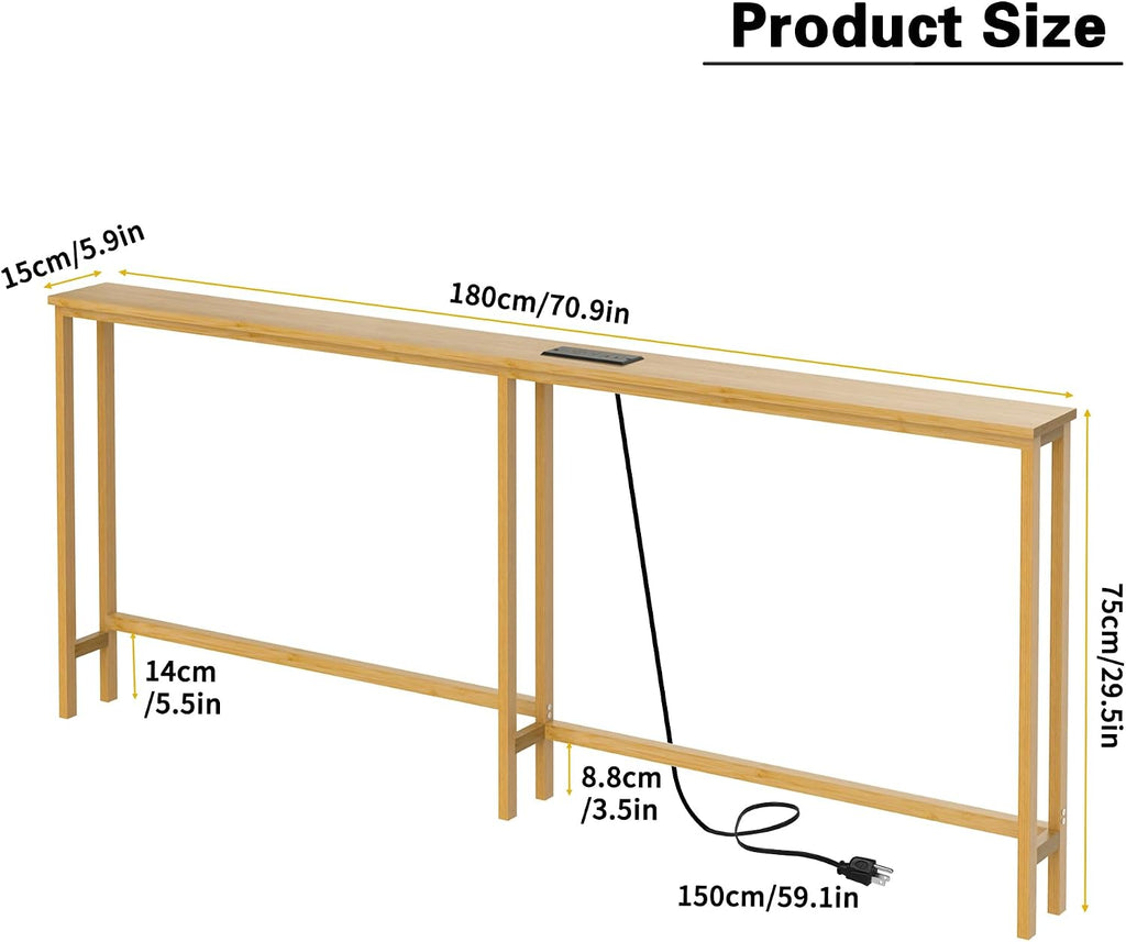 VASMIA 70.9 Inch Narrow Console Table with Outlet,Bamboo Behind Couch Sofa Table,Skinny Hallway Table for Entryway Living Room,Foyer,Natural