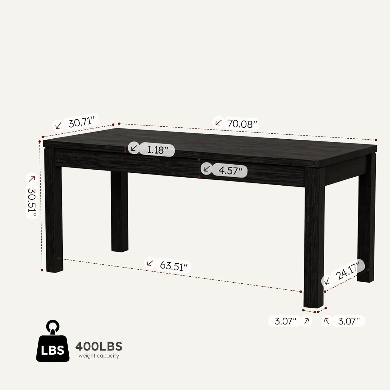 Black Dining Table for 6, Farmhouse Rectangular Kitchen Table, Wood | Long Modern Table with Rounded Corners for Dining & Living Room, Easy Assembly