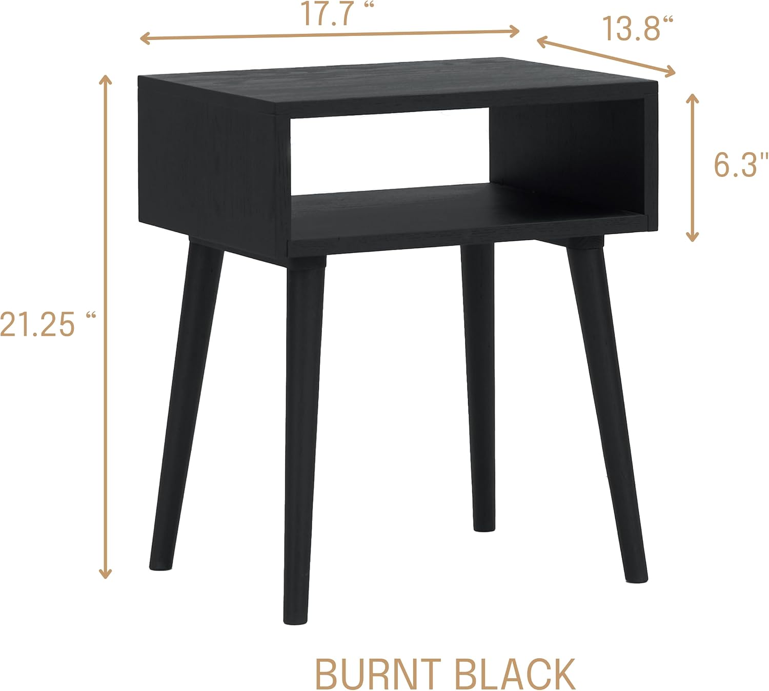 NTC Solid Oak Zoe Nightstand, Mid Century Modern Side Table Bedroom, Bedside Furniture, Night Stand, End Table, Easy Assembly - Burnt Black