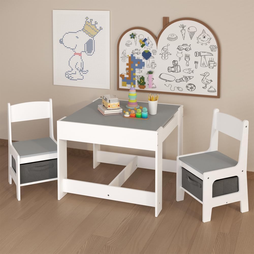 3 in 1 Wooden Activity Table with Storage Drawer for Toddlers Drawing, Reading, Crafts, 2 in 1 Detachable Tabletop Table Set for Nursery, Playroom