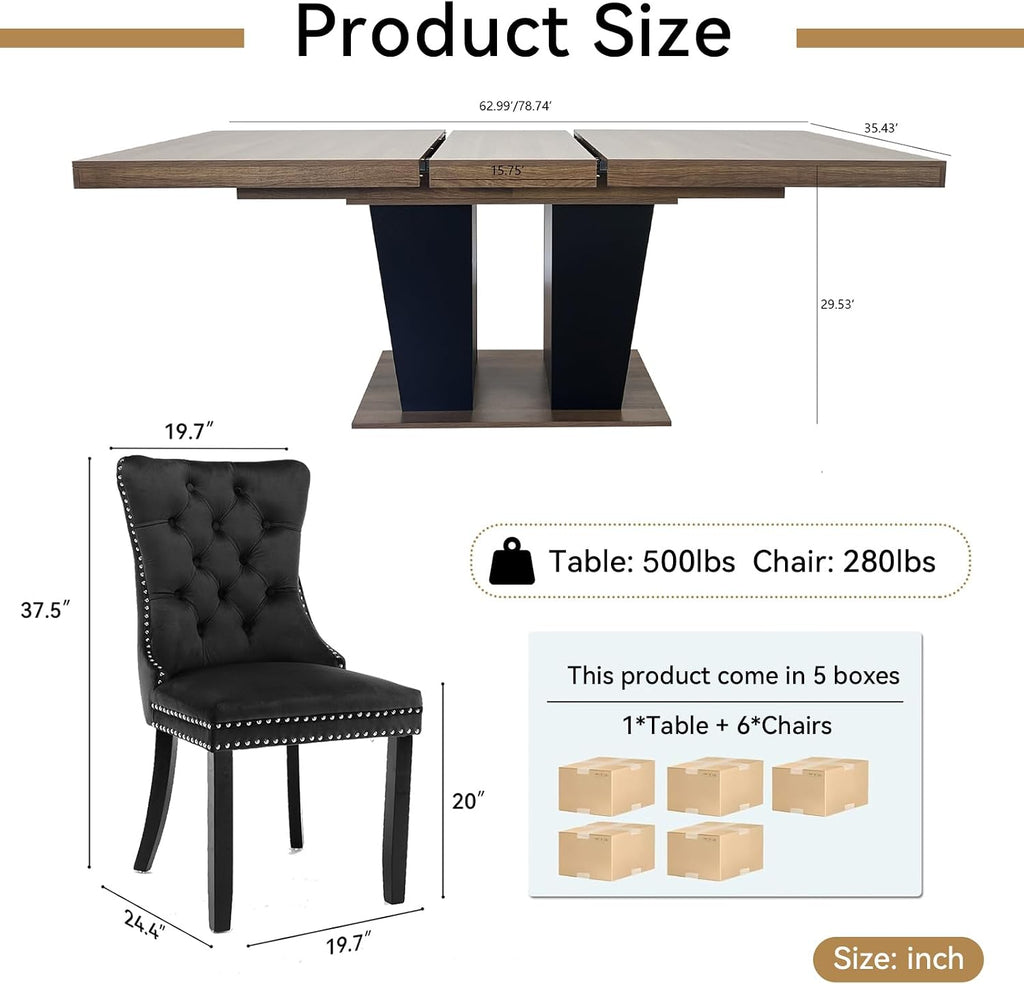 Extendable Dining Table Set for 6-8, 63"-78.7" Farmhosue Kitchen Table Set with 6 Upholstered Chairs, 7-Piece Rectangle Dining Room Table Set with Heavy Duty Pedestal for Small Place Apartment