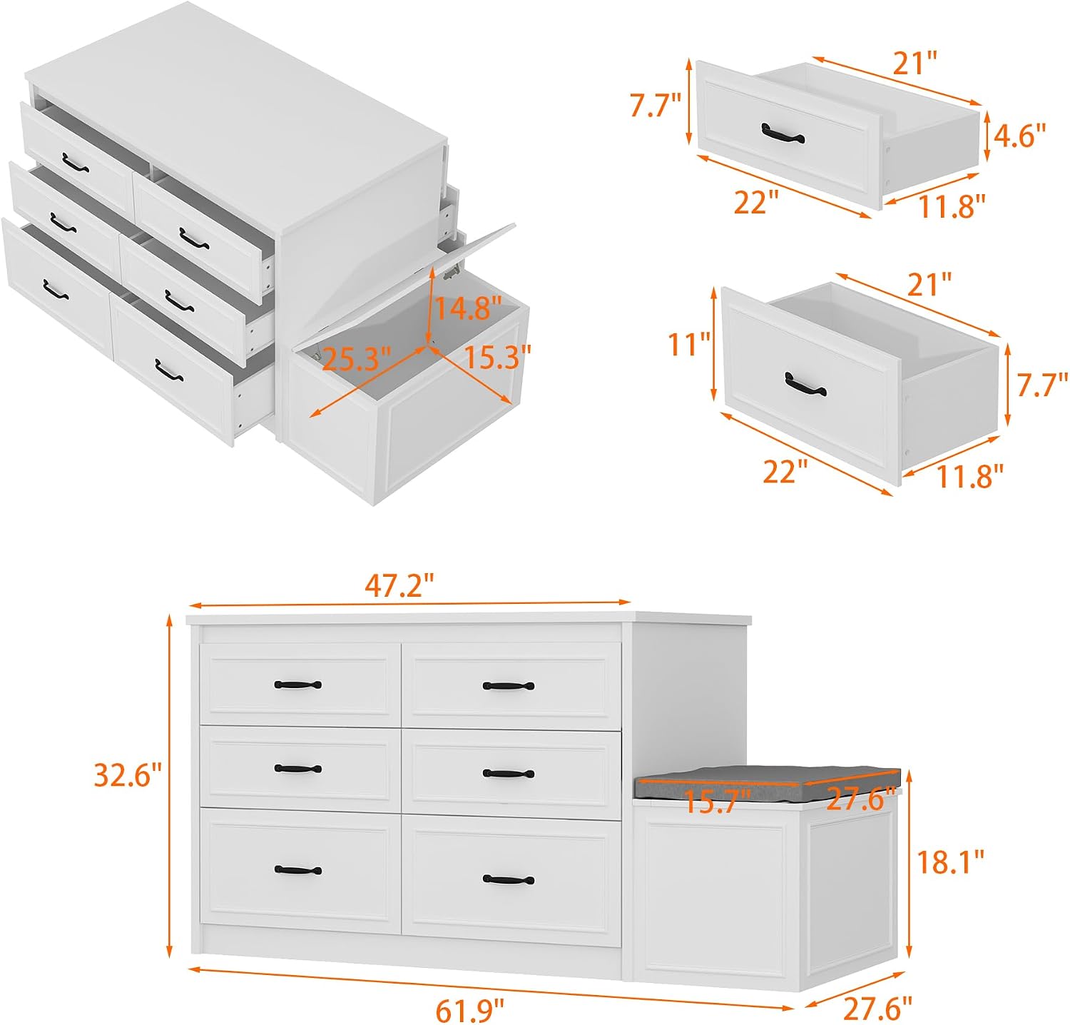ECACAD 61.9" W Closet Island with Storage Bench & 12 Drawers, Modern Wooden Armoire Wardrobe Dresser Island for Bedroom Walk-in Closet, White