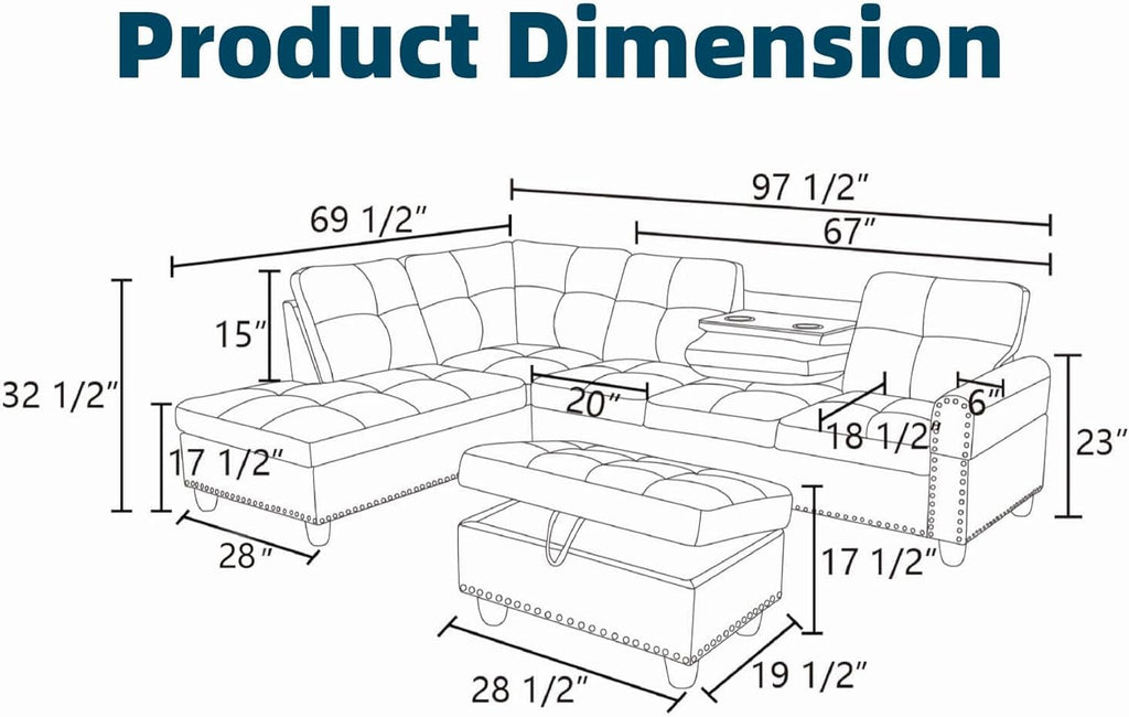 Leather L-Shaped Couch Set, 97.5"L x 69.5"W Sectional Sofas Black | Synthetic PU Leather, Stain-Resistant, 4 Seat Modular Couches with Storage Ottoman& Chaise,Apartment/Office/Living Room