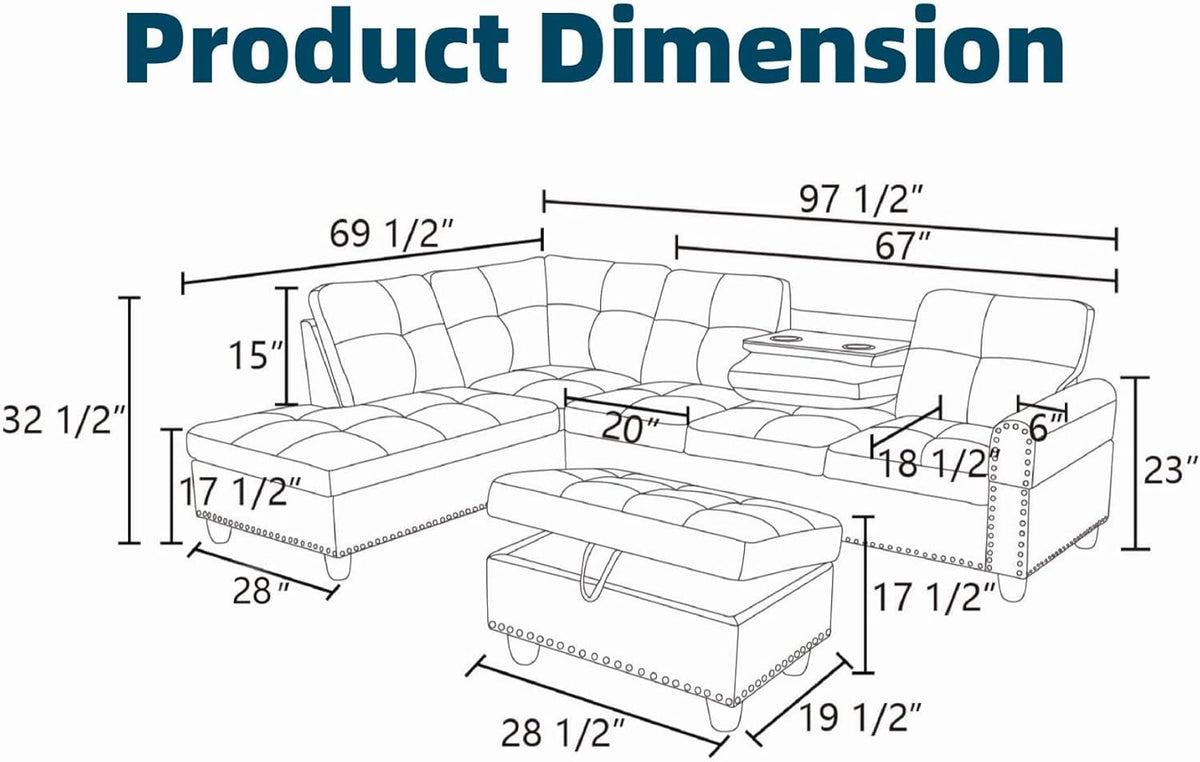 Leather L-Shaped Couch Set, 97.5"L x 69.5"W Sectional Sofas Black | Synthetic PU Leather, Stain-Resistant, 4 Seat Modular Couches with Storage Ottoman& Chaise,Apartment/Office/Living Room