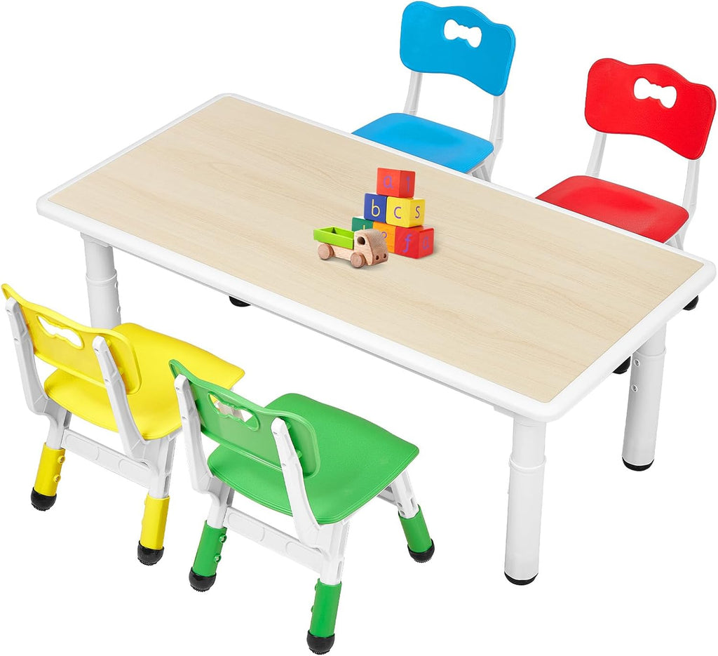 FUNLIO Kids Table and 4 Chairs Set and Adjustable Kids Chair (2pcs)，Easy to Wipe Arts & Crafts Table, for Classrooms/Daycares/Homes, CPC & CE Approved (5-Piece Set) - Multicolor